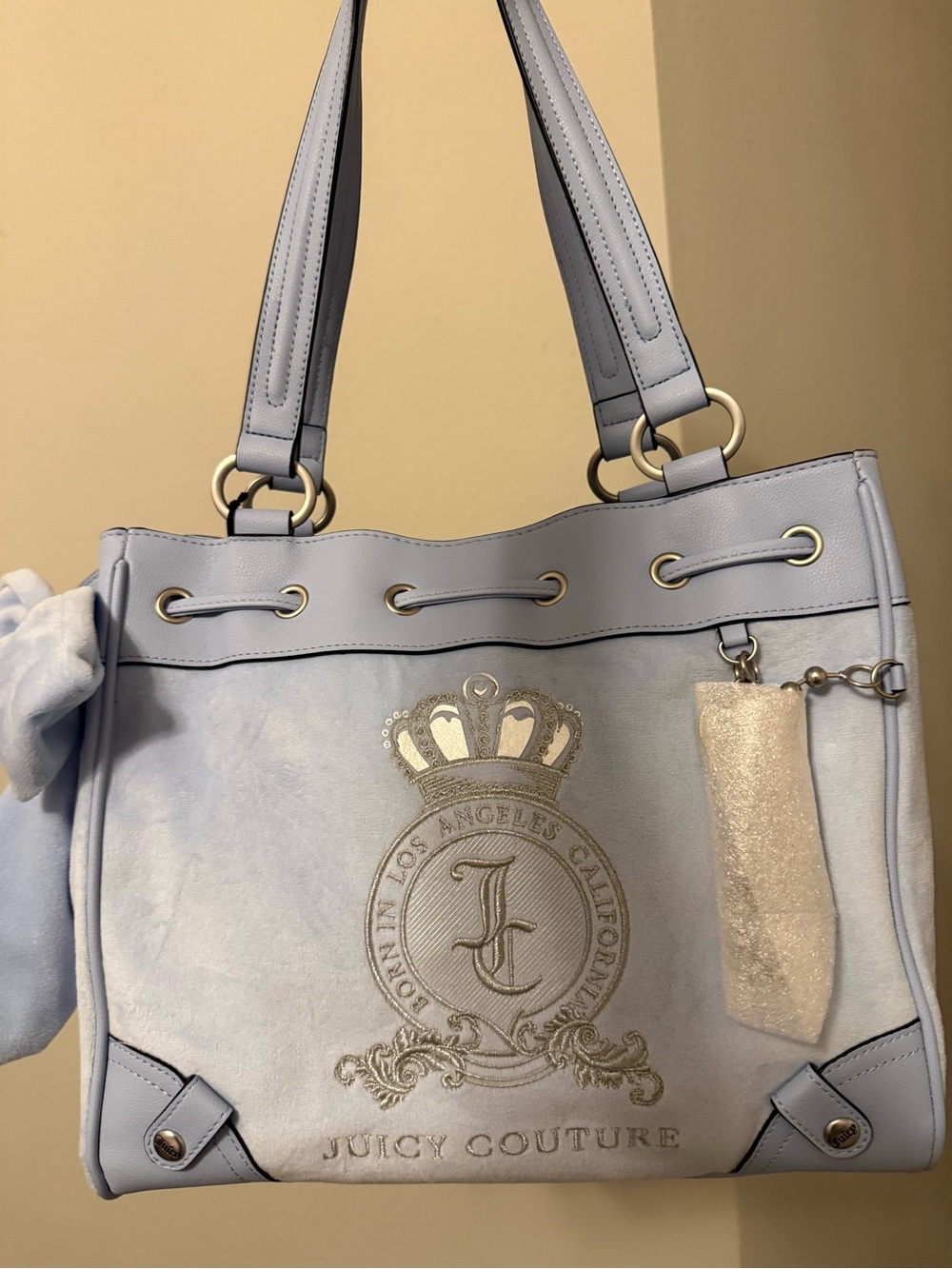 Juicy Couture Light Blue Shoulder Tote with Crest and Charm